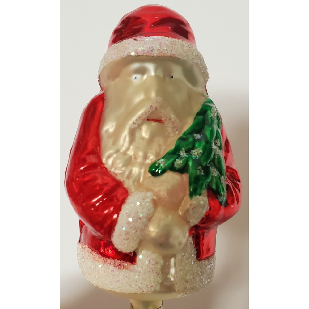VTG Santa Christmas Ornament German Glass with Clip Red Coat Holding Green Tree - Picture 6 of 8